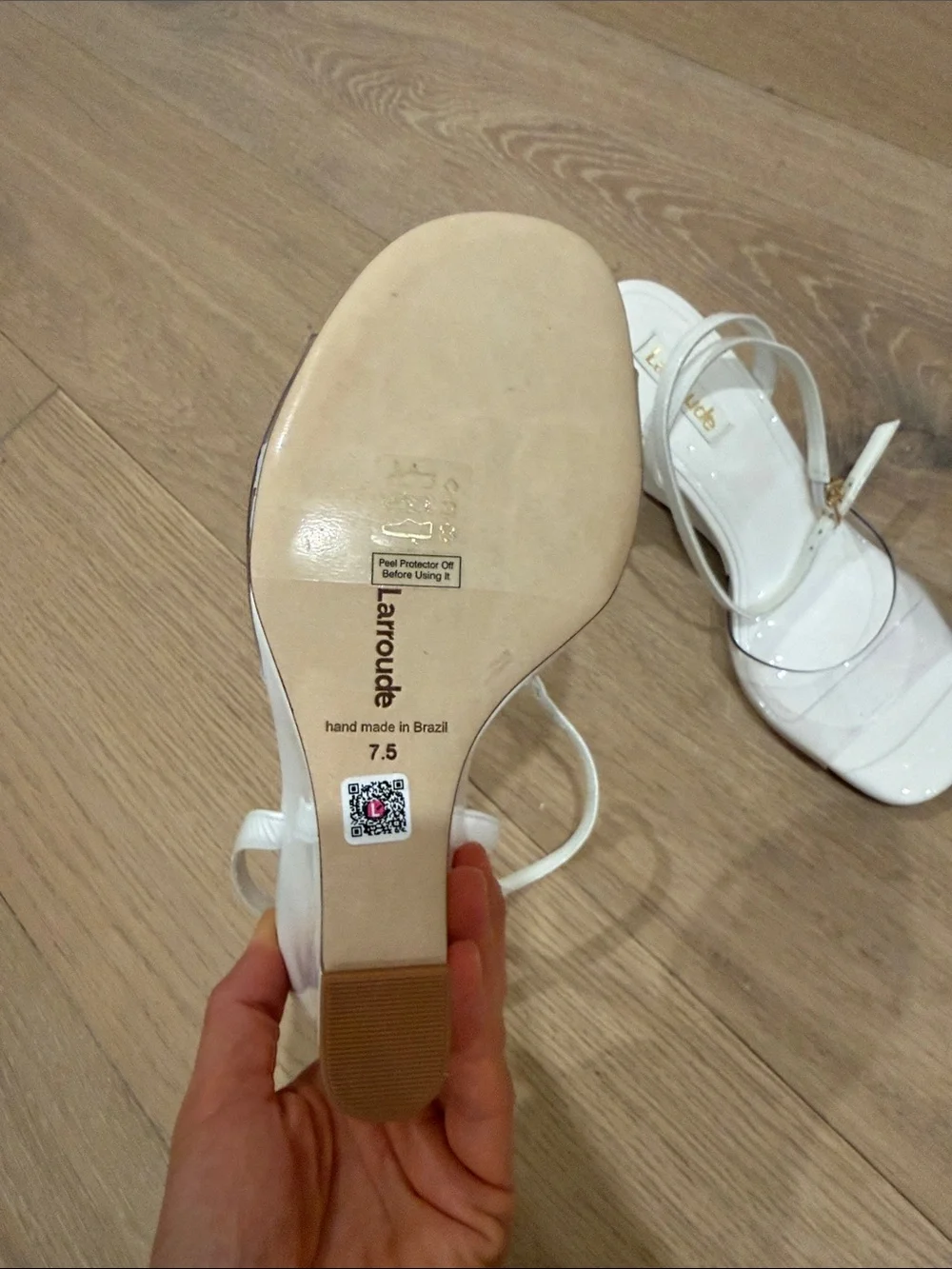 Larroude White PVS Yves pattern leather wedges